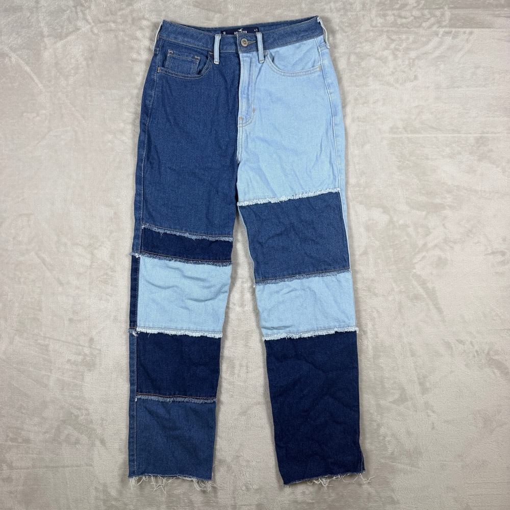 Hollister Ultra High Rise Vintage Straight Jeans Womens 25 Patchwork Raw Hem Y2K